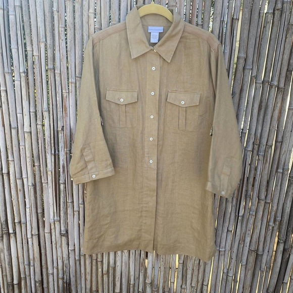 Soft Surroundings Tan 100% Linen Lagenlook long line button front shirt sz L - Picture 6 of 11
